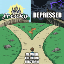 a cartoon of a man standing at a crossroad with the words freaky and depressed written on it