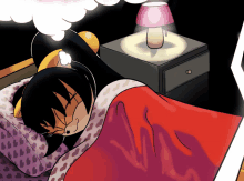 a cartoon drawing of a girl sleeping next to a nightstand