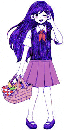 a girl with purple hair is holding a picnic basket with fruit in it .