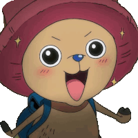 tony tony chopper from one piece is wearing a red hat and blue backpack