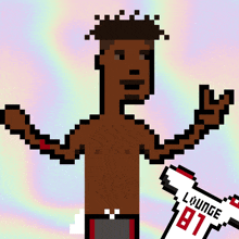 a pixel art of a man holding a white lounge 87 jersey