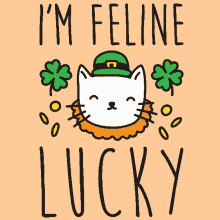 a drawing of a cat wearing a leprechaun hat with the words " i 'm feline lucky "