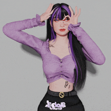 a girl with purple hair is wearing a purple crop top and a black skirt