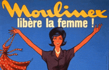 an advertisement for moulinex shows a woman with her arms outstretched and a red dress