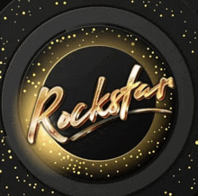 a black and gold rockstar logo with gold dots around it