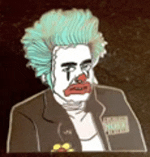 a clown with blue hair and a red nose is wearing a tuxedo .