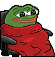 a pixel art of a green frog wrapped in a red blanket sitting in a chair .