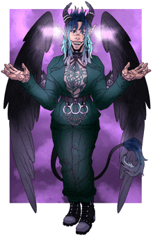 a drawing of a demon with wings and horns on a purple background