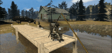 a man sits on a dock holding a fishing rod in front of a house