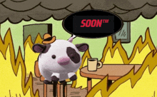 a cartoon of a cow with a speech bubble saying " soon "