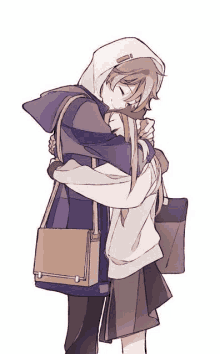 a boy and a girl are hugging each other in a drawing . the girl is wearing a school uniform .