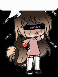 a drawing of a girl with the words perfect written on her face