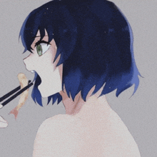 a drawing of a person with blue hair eating with chopsticks