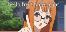 a picture of a girl with glasses and the words hello fruit loops chat on the bottom