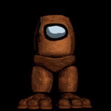 a brown robot with a white circle in the middle of its face is standing in a dark room .