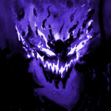 a purple and black painting of a demon with glowing eyes