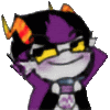 a cartoon character with horns and glasses is smiling and wearing a purple coat .