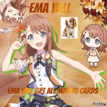 a picture of a girl with the words " ema will get all minori cards " on it