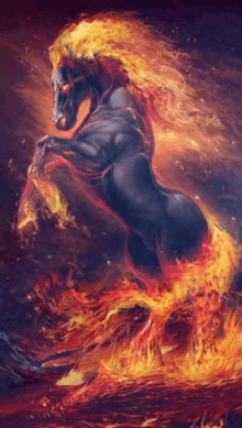 a painting of a black horse surrounded by flames .