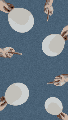 a collage of hands pointing at a balloon on a blue background