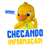 a yellow duck mascot is talking on a cell phone with the words checando informacao below him