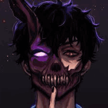 a man with a purple skull on his face is holding his finger to his mouth .