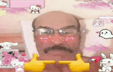 a man with glasses and a mustache is laying on a bed with hello kitty stickers on the wall