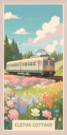 a painting of a train going through a field of flowers with the words cletus cottage below it