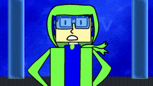 a cartoon character wearing glasses and a green hoodie stands in front of a blue background