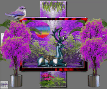 a picture of a deer surrounded by purple flowers and trees has a bird on top