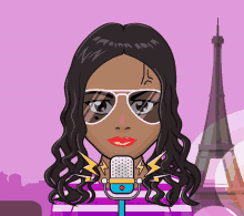 a cartoon of a woman wearing sunglasses and a microphone in front of an eiffel tower