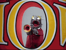 a cartoon character is playing a trumpet in front of a sign that says 101