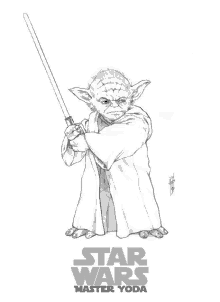 a black and white drawing of yoda from star wars holding a light saber