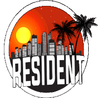 a logo for resident with a city skyline and palm trees in the background