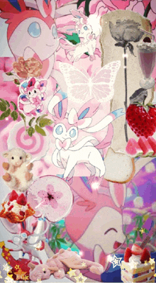 a collage of pink and white cartoon characters with flowers and a butterfly