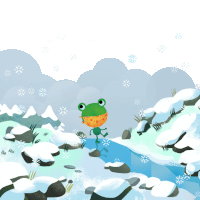 an illustration of a frog walking across a snowy stream