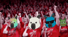 a group of people wearing red shirts with cartoon animals on their faces