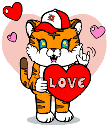 a cartoon of a tiger holding a red heart that says love