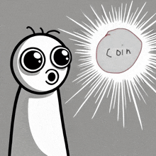 a cartoon character is looking at a coin that is glowing