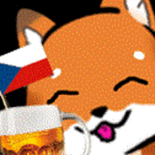 a cartoon fox is holding a glass of beer and a flag in its mouth .