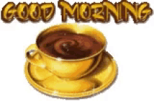 a cup of coffee on a saucer with the words good morning written on it