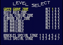 a screen shows a list of levels including green grove zone