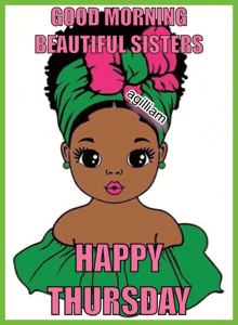 a good morning beautiful sisters happy thursday greeting card with a cartoon girl