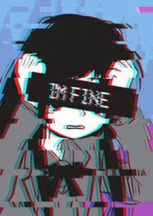 a girl with a bandage on her face that says `` i 'm fine '' and a glitch effect .