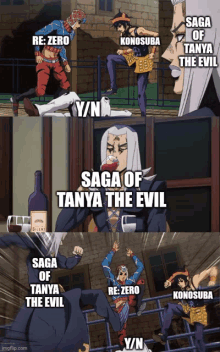 a collage of cartoon characters with the words saga of tanya the evil at the top