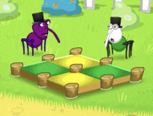 a purple spider wearing a top hat stands next to a green spider wearing glasses