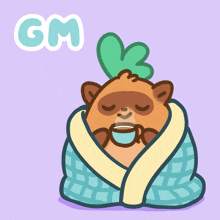 a cartoon drawing of a hamster wrapped in a blanket with the word gm below it