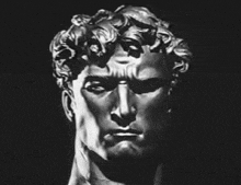 a black and white photo of a statue of a man with curly hair .