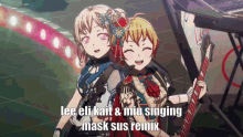 a couple of anime girls are standing next to each other on a stage holding guitars .