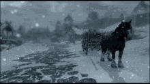 a horse pulling a wagon in the snow in a black and white photo